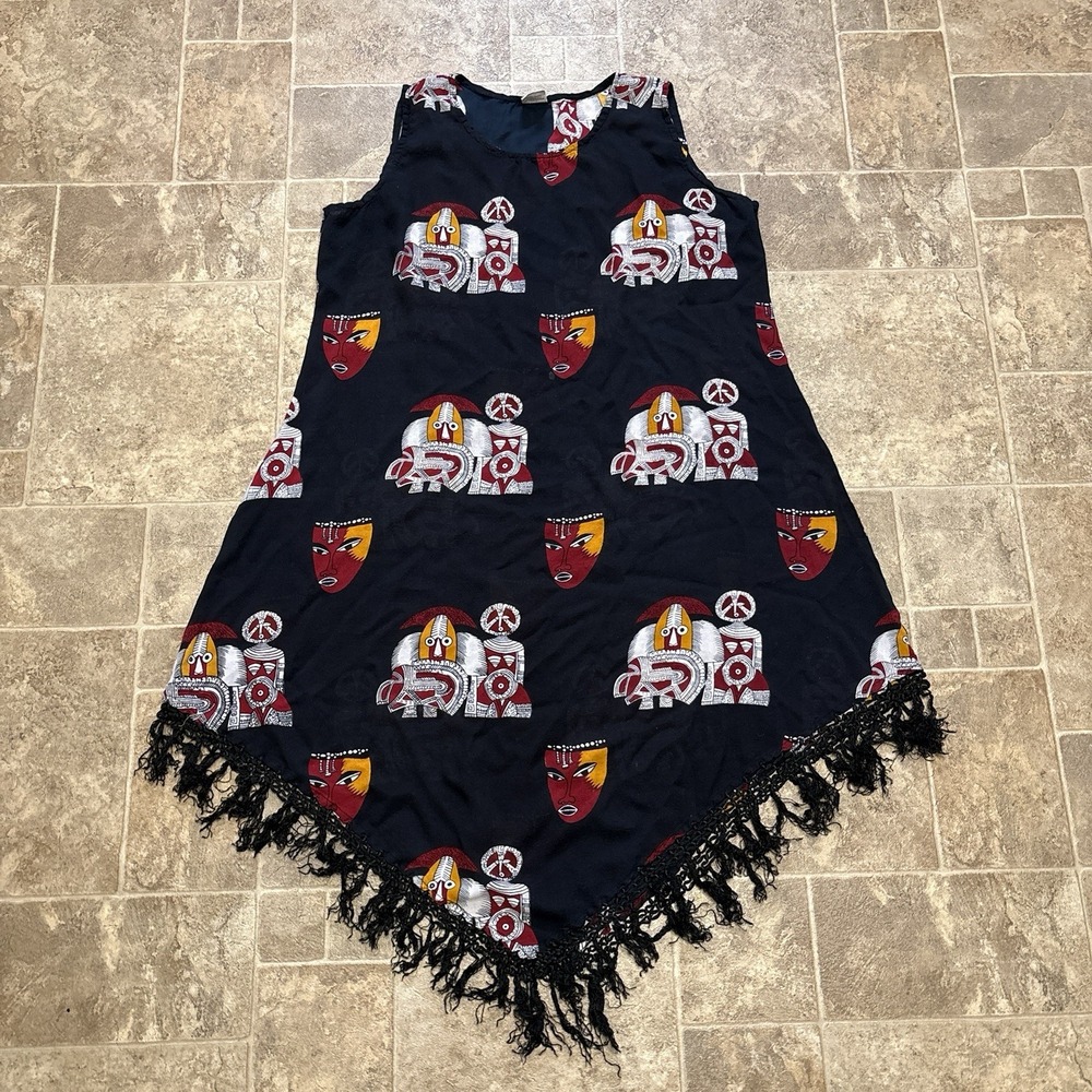 Vtg Magic 2X Rayon Handkerchief Hem Dress Fringe Tribal Print Boho Art to Wear